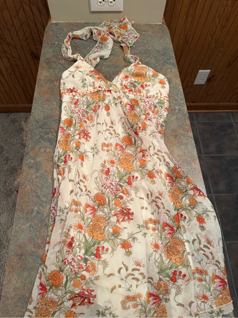 Speechless Floral Backless Halter Dress in Cream and Orange